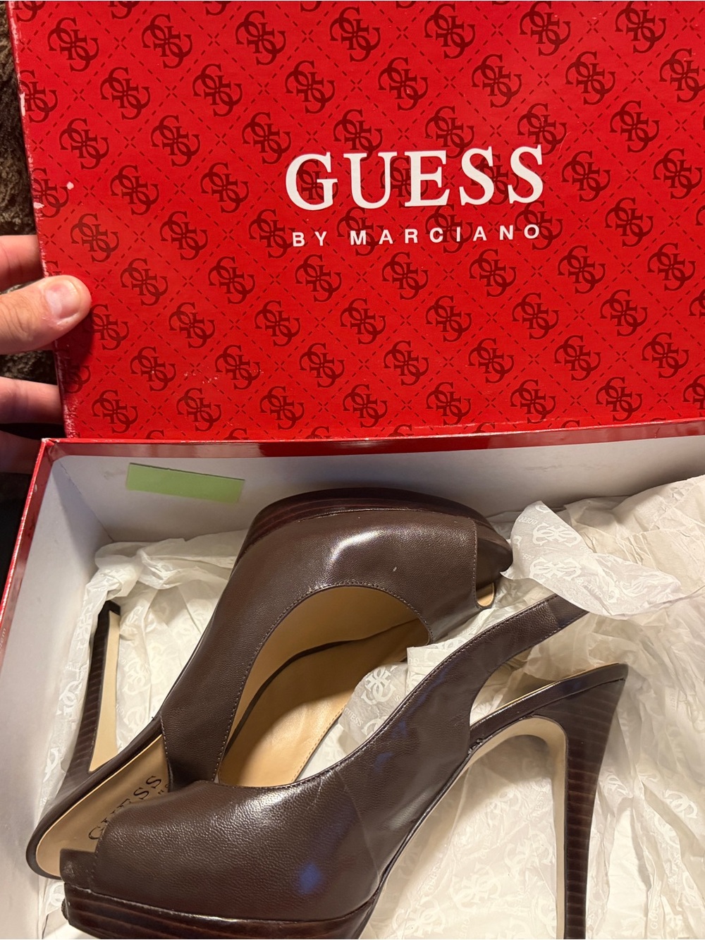 GUESS Brown Peep-Toe Platform Slingback Heels